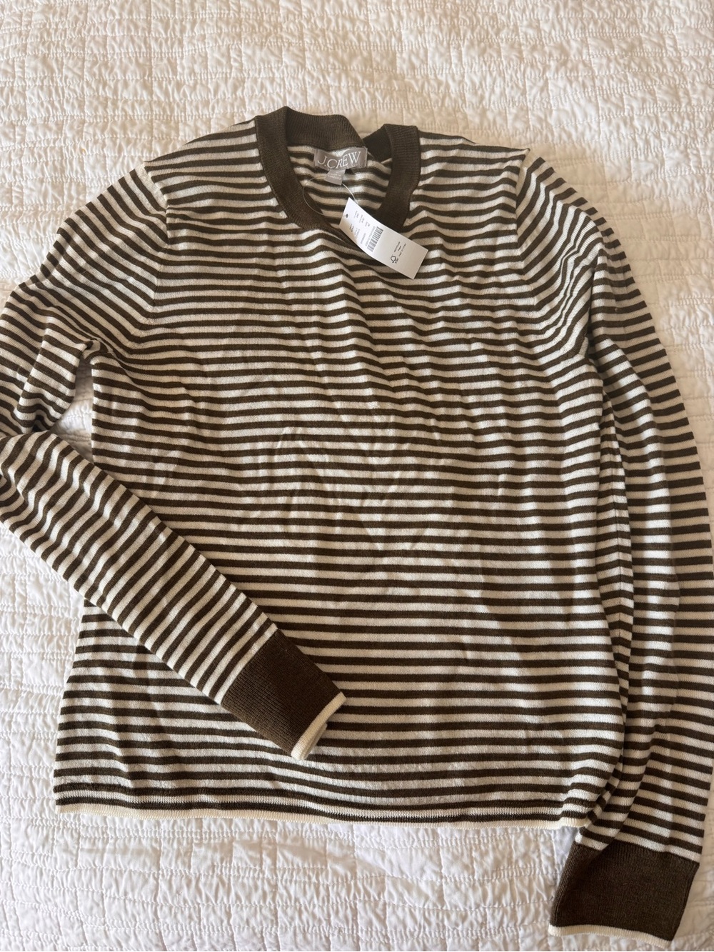 J. Crew Brown and Cream Striped Crewneck Sweater